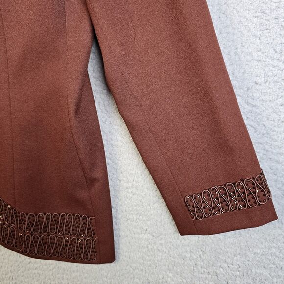 John Meyer Blazer 10 Brown Curved Hem Textured Trim Statement Collar Lined - Picture 15 of 16